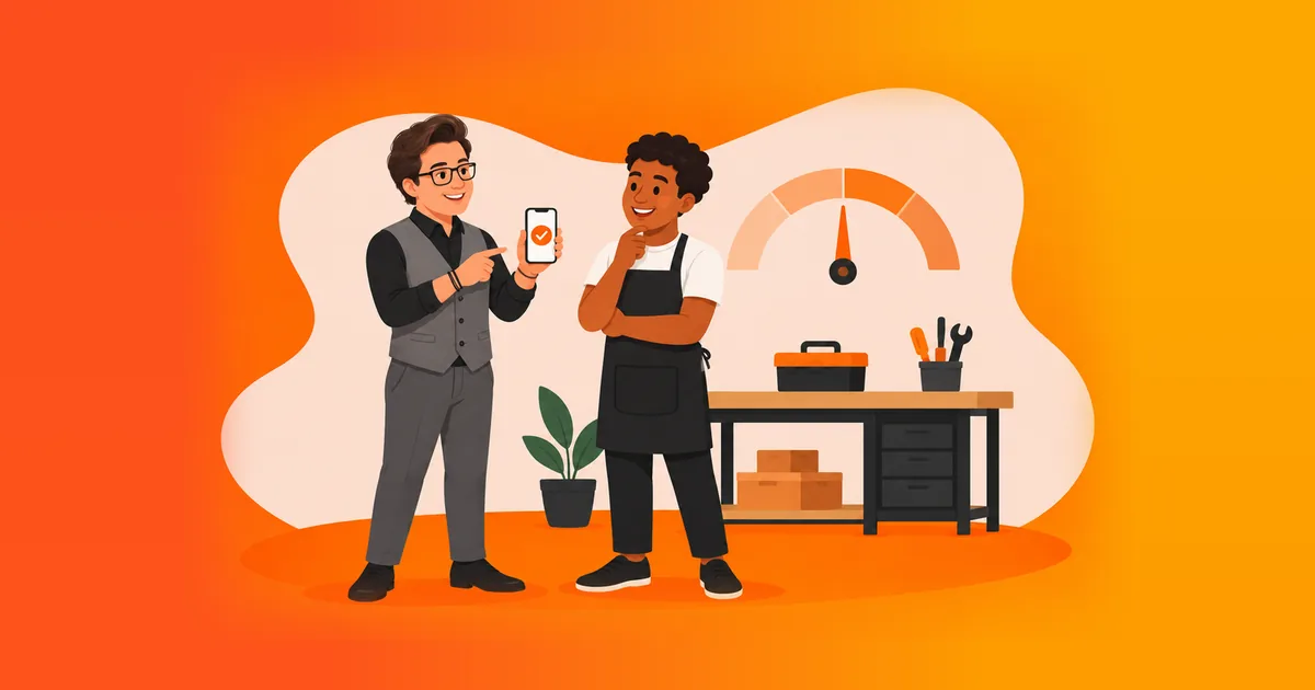Lucas Lisboa, contador da You, mostrando no celular que está tudo em dia para um microempreendedor ao lado da sua bancada, ilustrando a contabilidade para MEI